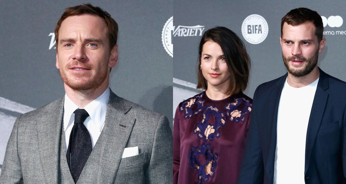 JustJared's tweet photo. Michael Fassbender &amp; Jamie Dornan are two dapper dudes at the #BIFA2016: https://t.co/ZalBj2MJa5 https://t.co/OOI1xvQ2TA