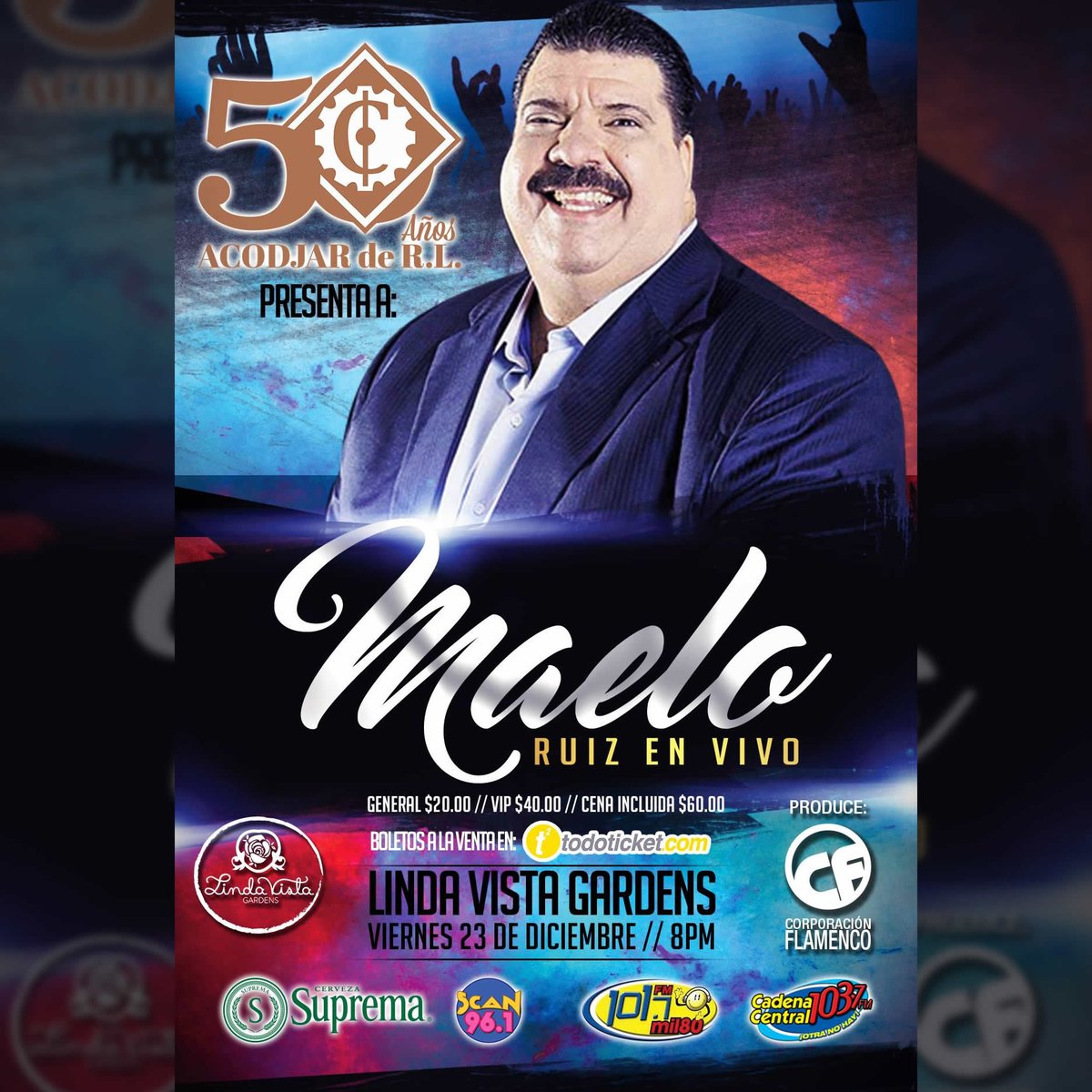 chotiando's tweet image. #MaeloRuiz en concierto este 23 de Diciembre en Linda Vista Gardens junto a #SalsalvadorAllStars Entradas a la venta en TodoTicket desde $20
