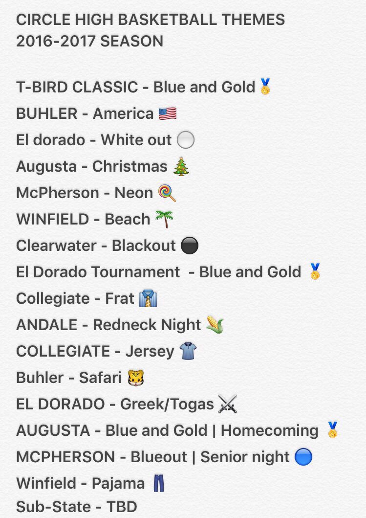 Official themes for the 2016-2017 season! (all caps are home games, tournaments can change game to game) #TBIRDNATION