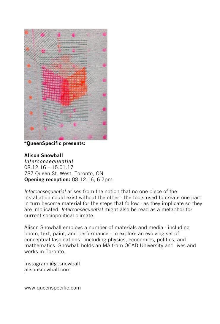AlisonSnowball's tweet photo. my new #installation --> #Interconsequential  <-- goes in at  #QueenSpecific this #thursday, 787 #queenStreetWest in #toronto https://t.co/6ij1VSAz0c