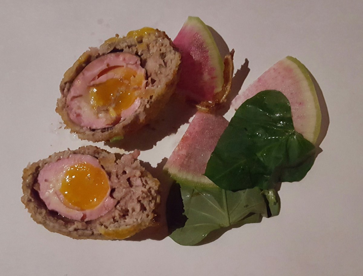 TabletopMediaGp's tweet photo. Pickled scotch egg, chicken and pork sausage, yam greens by @LittleHenNC at the @ChickenWireNC dinner. https://t.co/7CQne0KdE1