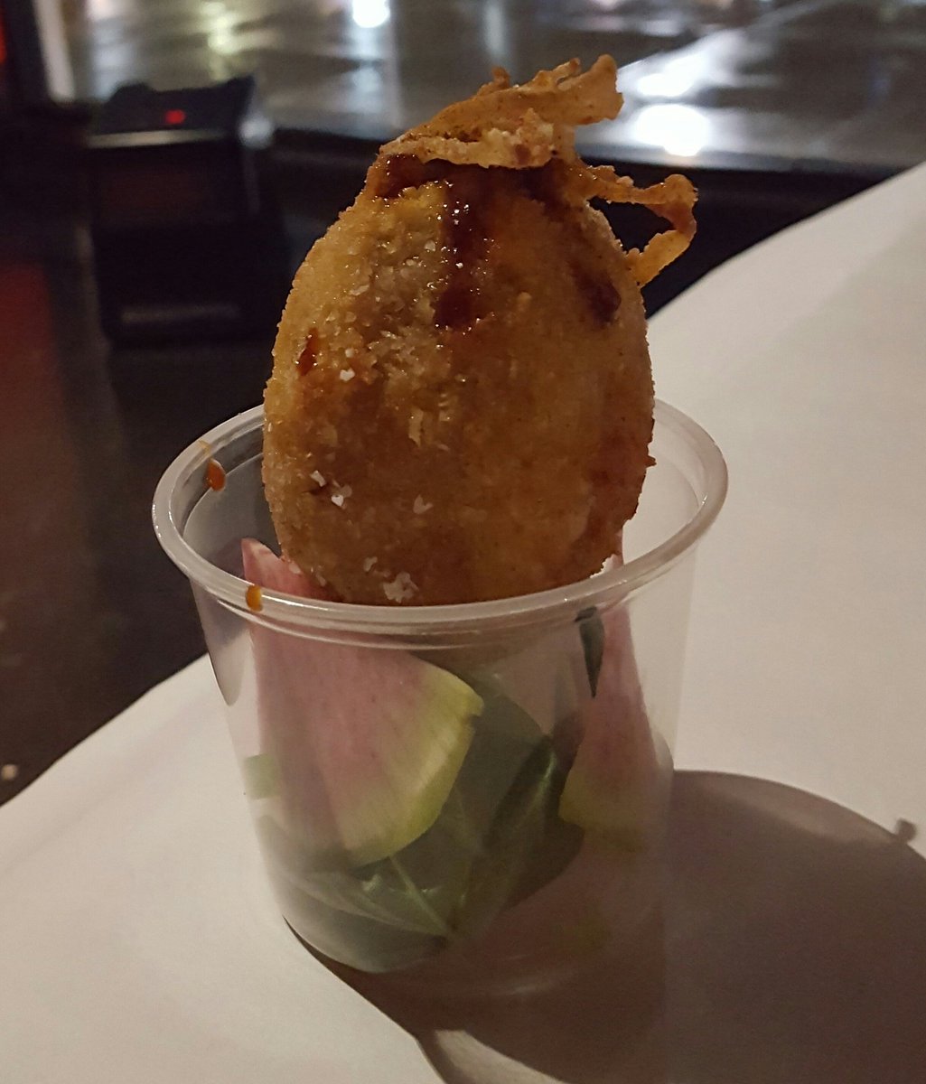 Pickled scotch egg, chicken and pork sausage, yam greens by <a href="/LittleHenNC/">Little Hen</a> at the <a href="/ChickenWireNC/">Chicken Wire</a> dinner.