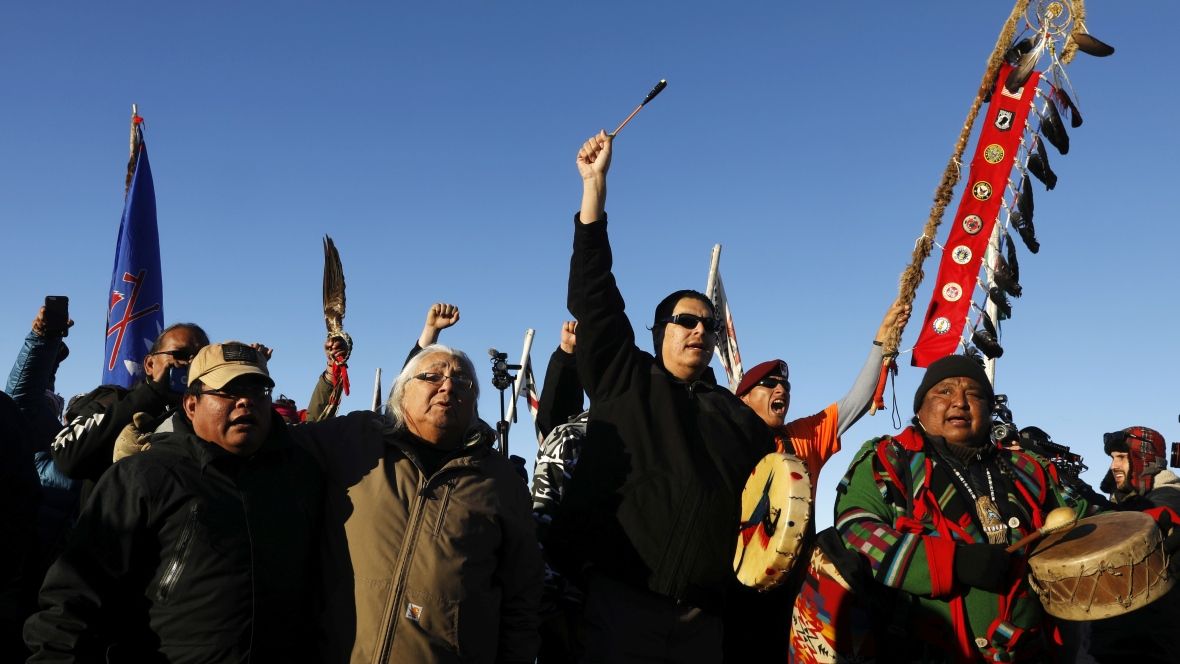 KamilKaramali's tweet photo. Standing Rock protesters celebrate 'big victory' as pipeline construction halted. #NoNDPL https://t.co/YDqWIkHpDU https://t.co/Un5A1YmiAy