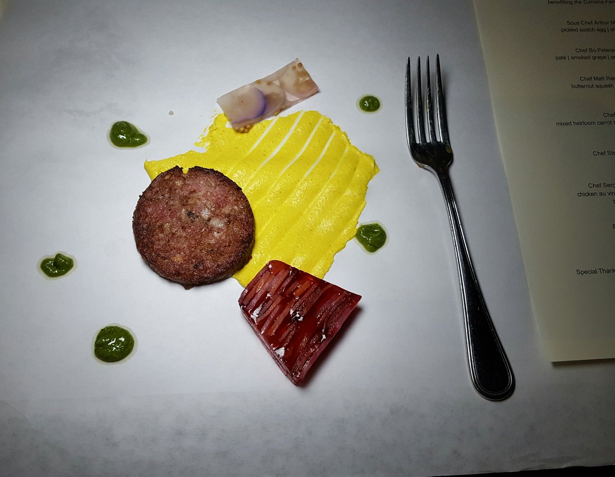 Mixed heirloom carrot terrine, cotechino, radish, dill, roasted Jerusalem artichoke turmeric puree, carrot top chimichurri at <a href="/ChickenWireNC/">Chicken Wire</a>