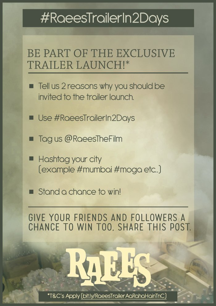 RaeesTheFilm's tweet photo. Here's what you have to do for a chance to interact live with Raees bhai! #RaeesTrailerIn2Days https://t.co/KaiW1UxI0w