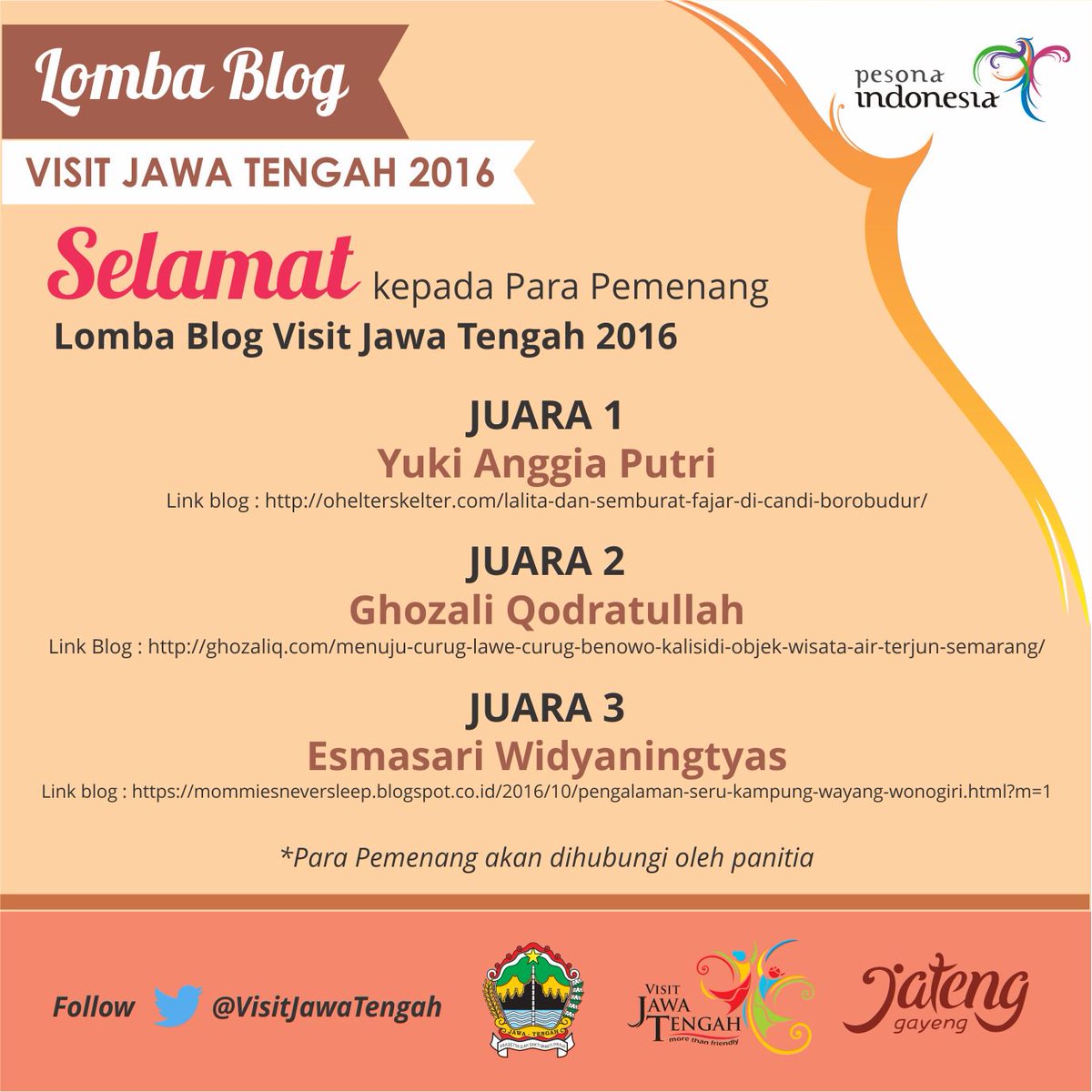 VisitJawaTengah's tweet photo. SELAMAT! Ini dia Para Pemenang Lomba Blog Visit Jawa Tengah 2016 https://t.co/fB5BZuV6dx
#UpdateBlogJateng2016 #Info https://t.co/u7R4VoYIMb