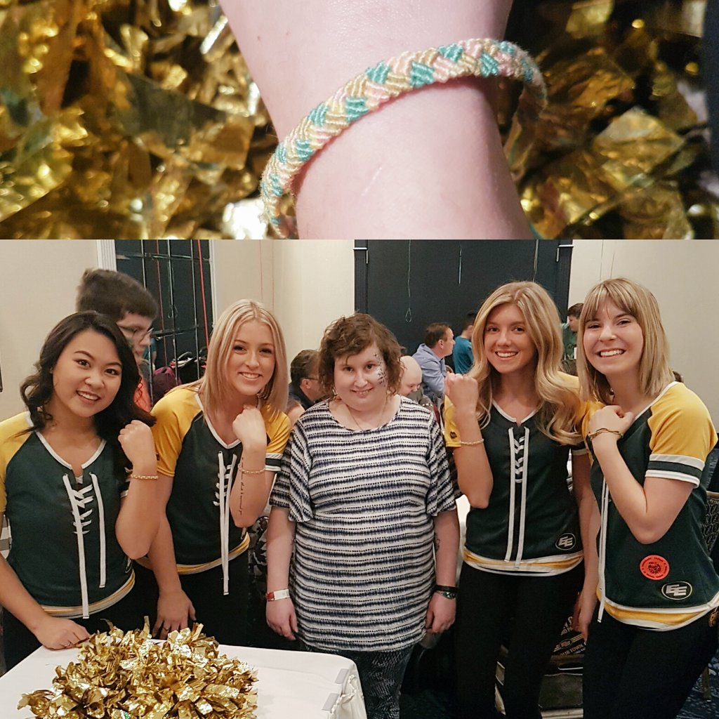EsksChelsea's tweet photo. I had such an amazing time today at the @kwcsyeg Christmas Party. We had the chance to meet Britni who made us these beautiful bracelets! 💚💛 https://t.co/2pPkwWUhD7
