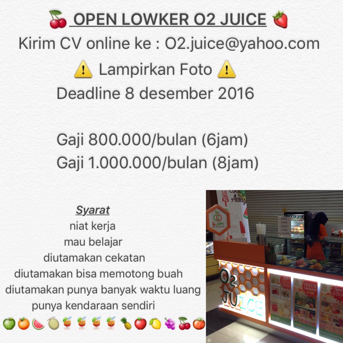 O2juiceOfficial's tweet photo. #jogjalowker |stand counter minuman|cew/cow|part/full|cekatan,niat kerja| o2.juice@yahoo.com @JogjaLowKer https://t.co/FIe3NAAM9z