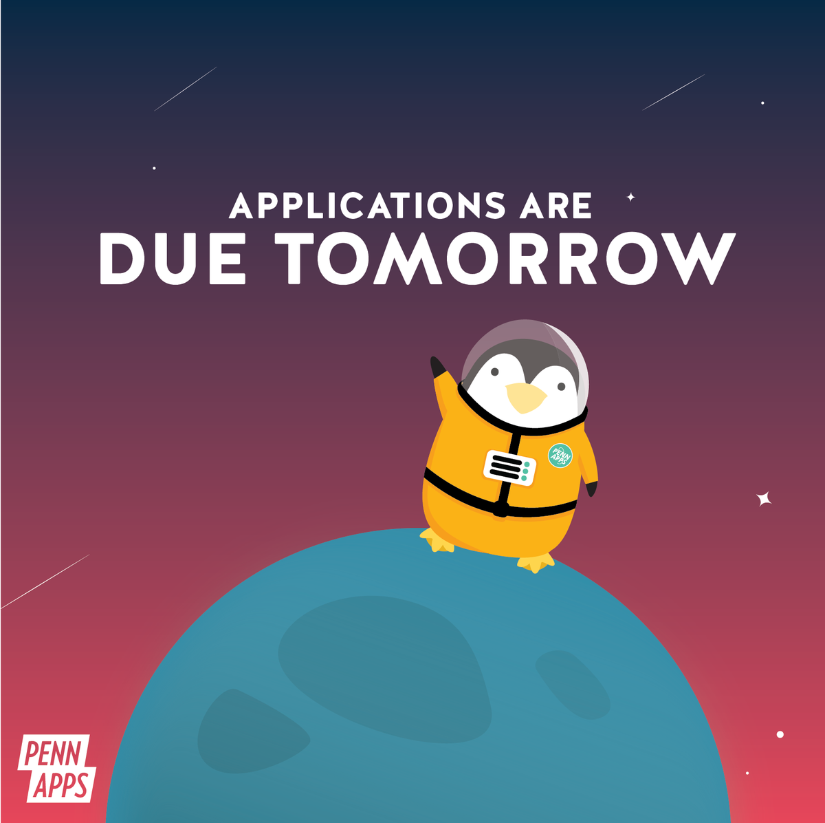 PennApps's tweet photo. Pennjamin Frankfin has his spacesuit ready. Do you? Applications for PennApps XV are due tomorrow at 11:59pm at https://t.co/es3Fn0d2WZ! https://t.co/nlVep65U01