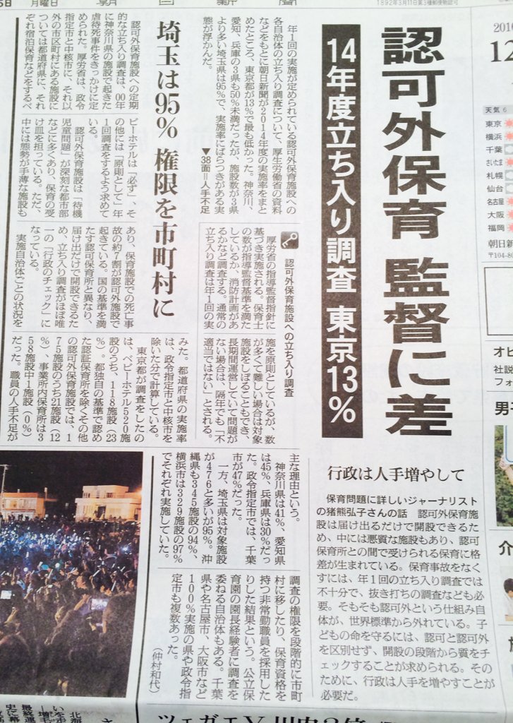 保育園 私たち声を上げます در توییتر 今朝の朝日新聞の記事必読 一番待機児童の多い東京都が認可外保育所への立ち入り調査が13 て 年1回の巡回指導じゃ 子どもの命は守れないですよ 保育士の人手はもちろん 行政も抜き打ち指導できる人手を