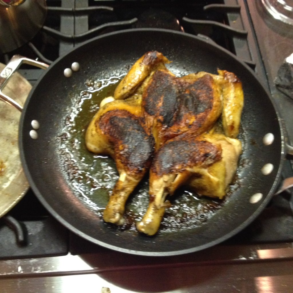 klcollierokc's tweet image. Pollo al Mattone complete. It is a wonderful way to prepare a smallish chicken. #spatchcocking