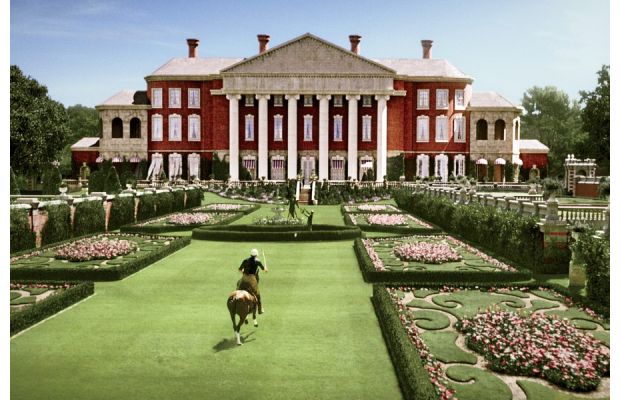 TomBuchananIII's tweet photo. My Yale mate Nick Caraway's coming to visit today! That's me riding across my lawn. Nice house, isn't it? https://t.co/8iUPtyIkCh
