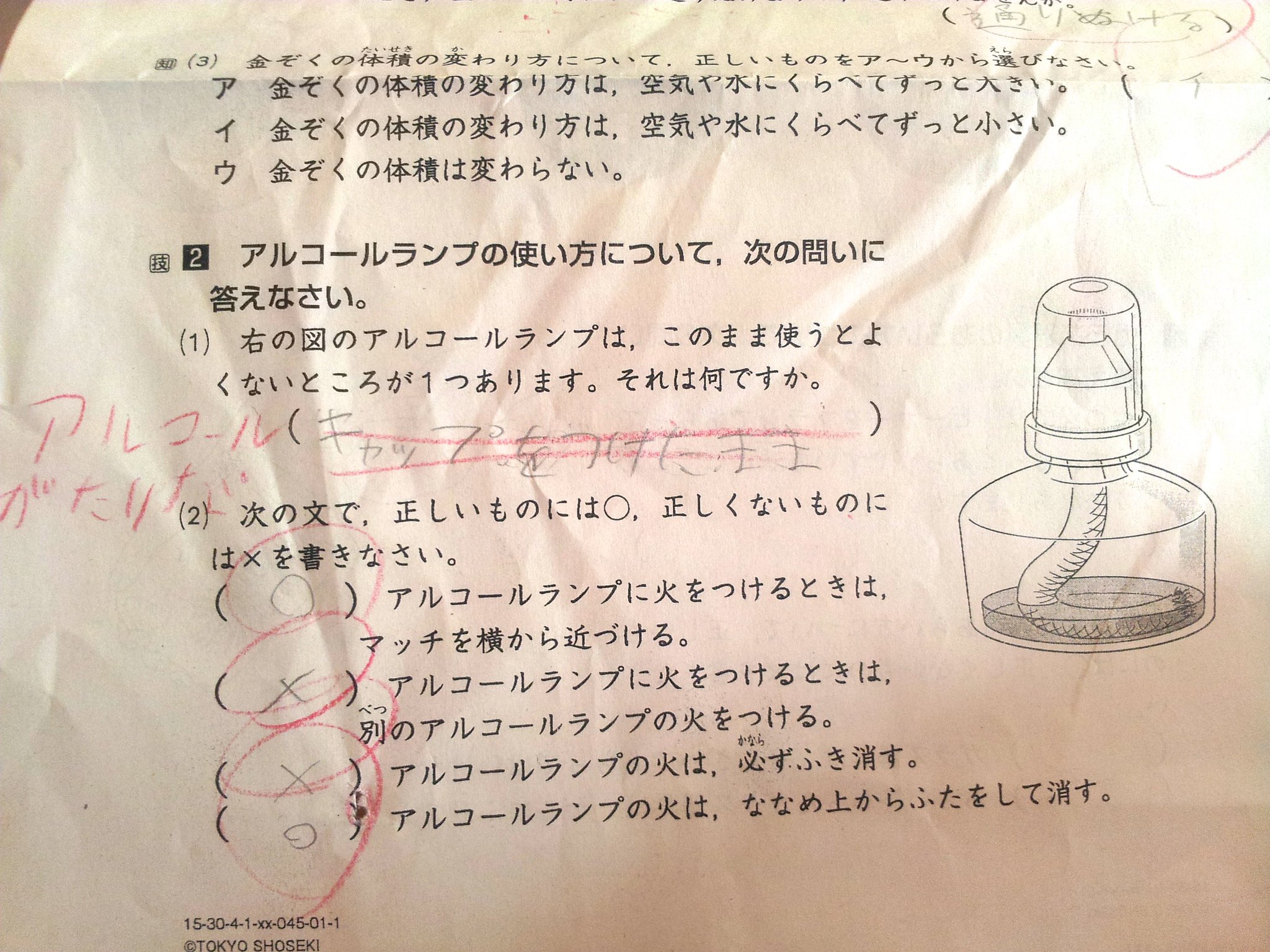 前川さなえ 小4息子の理科テスト 図のアルコールランプ をこのまま使うとよくないところは何かという問に息子の答えは キャップをつけたまま 正解は アルコールが足りない なんだけどこれマルあげたいなー だって このまま使うとよくないところ で