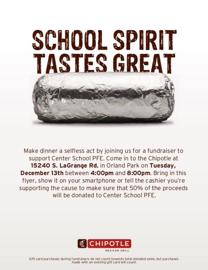 CenterSchoolPFE's tweet photo. Save the date! We will be having a fundraiser at Chipotle on 12/13 from 4-8 pm. Must mention Center PFE! Thank you for your support! https://t.co/sODhtlCGel