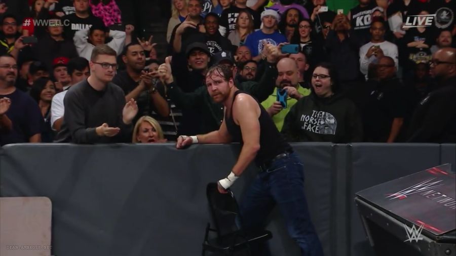 JonMoxleyDotNet's tweet image. Dean puts a chair to wicked use, introducing it to AJ at high speed #deanambrose #wwetlc