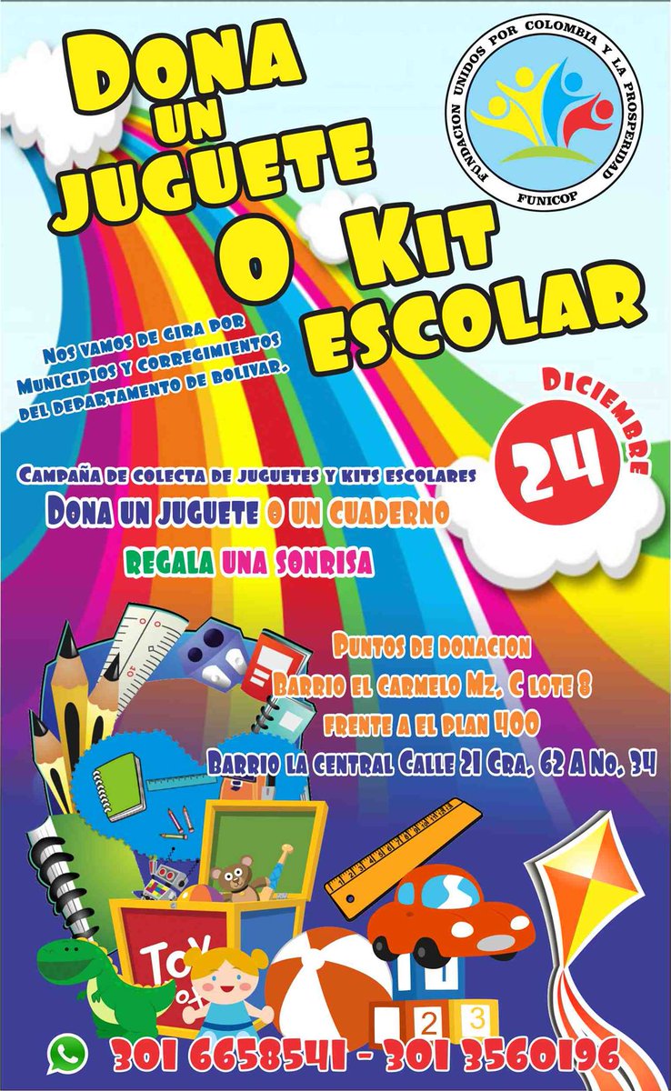 FUNICOP's tweet photo. este fin de año estaremos de gira entregando regalos en el departamento de bolívar. espero tu apoyo donando un regalo o un kits escolar. https://t.co/8IhCd8VTgA