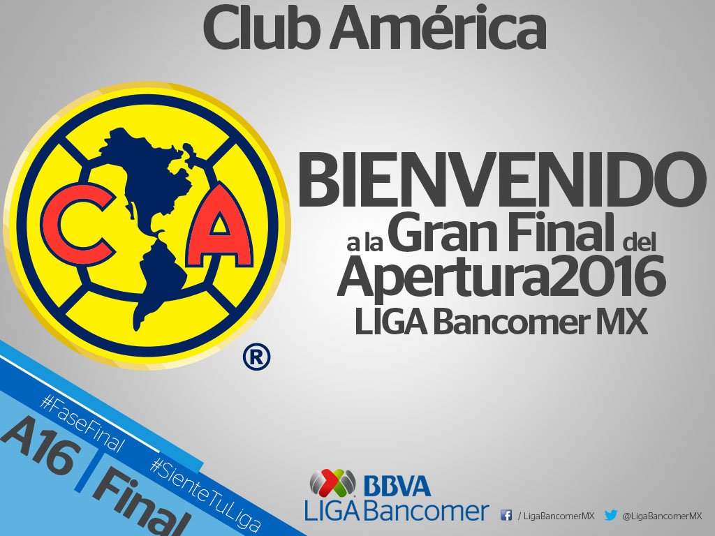 LigaBBVAMX's tweet photo. FELICIDADES @ClubAmerica 
Ya están en la #GranFinal del #Apertura2016  #LIGABancomerMX 👏👏👏👏
⚽ #SienteTuLiga ⚽ #AbrazadosPorElFutbol https://t.co/pvWlfxNBo9