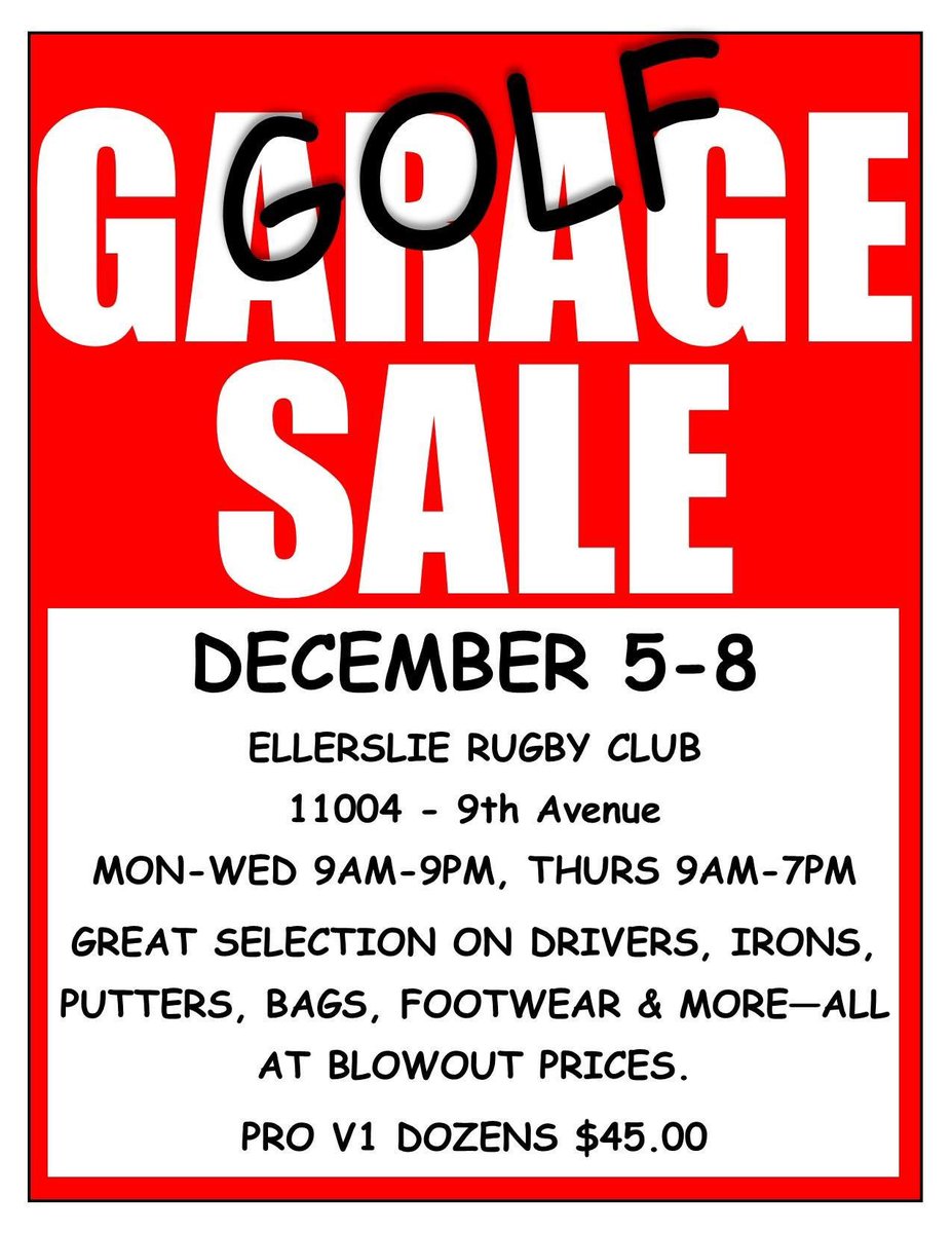 Golf Garage Sale starts at 9am Monday morning. Come early to get the best selection.