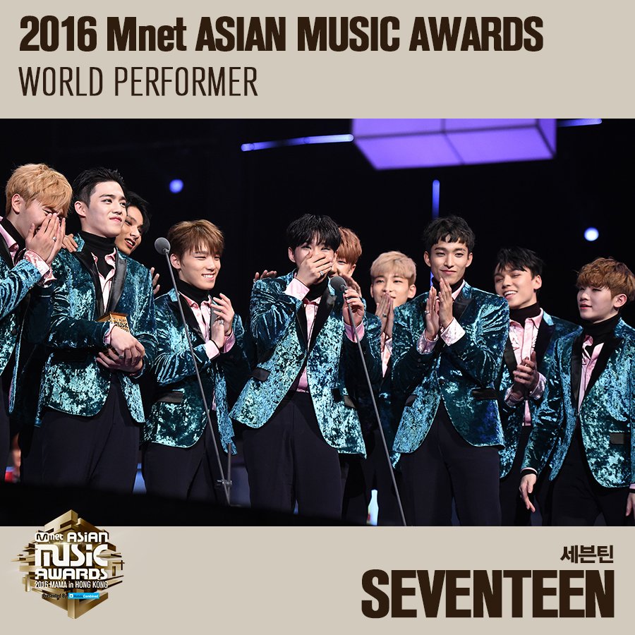 MnetMAMA's tweet photo. [#2016MAMA] Congratulations! World Performer #SEVENTEEN https://t.co/bZQ14DmutI