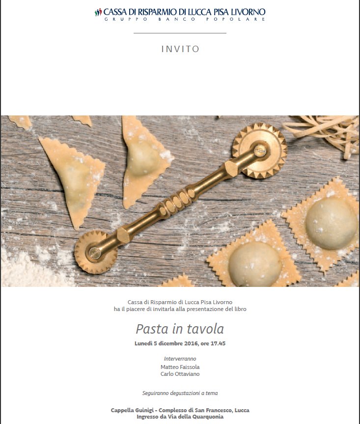 Dopo Modena (qui Carlino e Gazzetta), oggi a Lucca per presentare "Pasta in tavola", libro strenna di @bancopopolare edito da <a href="/SagepEditori/">Sagep Editori</a>