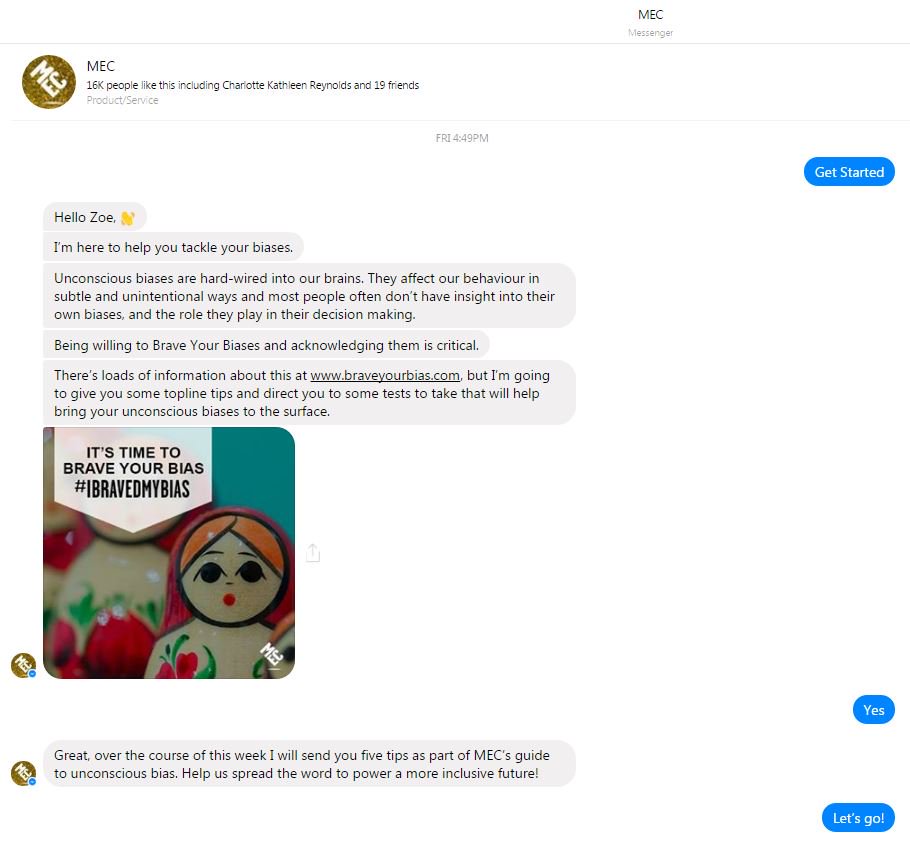 WavemakerGlobal's tweet image. MEC’s #BraveYourBias Facebook #chatbot helps tackle your biases with top tips &amp;amp; tests. Get involved @ m.me/mecglobal #ibravedmybias