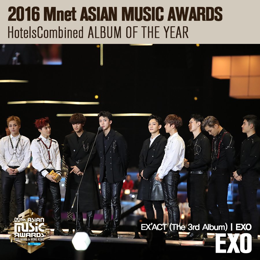 MnetMAMA's tweet photo. [#2016MAMA] Congratulations! #HotelsCombined Album of the Year #EXO 'EX'ACT' (The 3rd Album) https://t.co/sgF7jOStiI