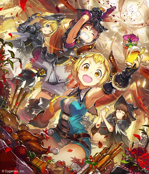 cygames様の神撃のバハムートにて描かせていただいたイラストです。ニューイヤーをお祝いするルミナス騎士団です。 