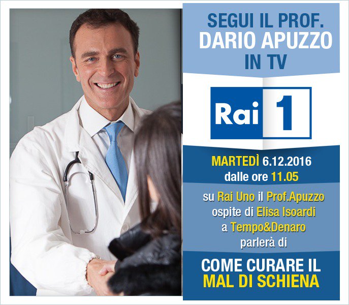 DarioApuzzo's tweet photo. Domani dalle 11.05 ospite su #Rai1 #tempoedenaro per i consigli su come curare il #maldischiena. https://t.co/iw79ozSY0j