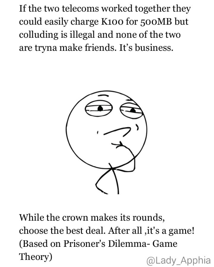 InotaCheta's tweet image. Are you a dual sim lover?  Our guy subscribes to both networks getting 
the best deals. Take notes. 

#EconomicsForDummies 
Part 7