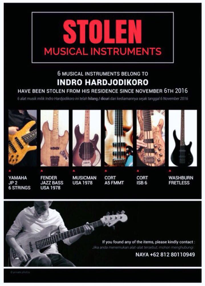 tolong bantu sebar ya. kalau ada yang tahu ada yang menjual alat-alat musik (bass) curian ini: