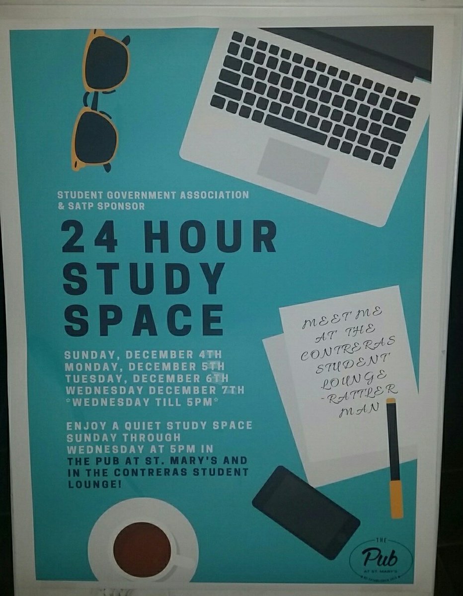 StMarysStuLife's tweet photo. Need a place to study? Come over to the Contreras Student Longe &amp; the #StMUpub for some study space 24 hours through Wednesday! @StMarysU https://t.co/2ilisLMyIC
