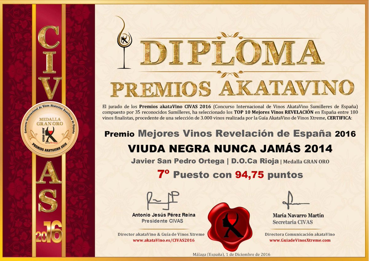 BJavierSanPedro's tweet photo. De entre 3.000 vinos,sólo los 10 Mejores son los #TOPRevelación de España, entre ellos Viuda Negra Nunca Jamás! #CIVAS2016 @akataVino #rioja https://t.co/p0URhl6wCd
