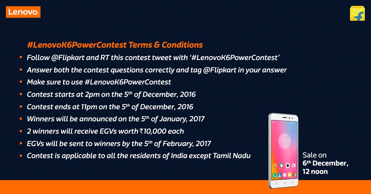 Flipkart's tweet photo. The contest starts at 2 pm. Make sure you've checked the TnCs before you kickass in the #LenovoK6PowerContest https://t.co/LTJLgrZoY6