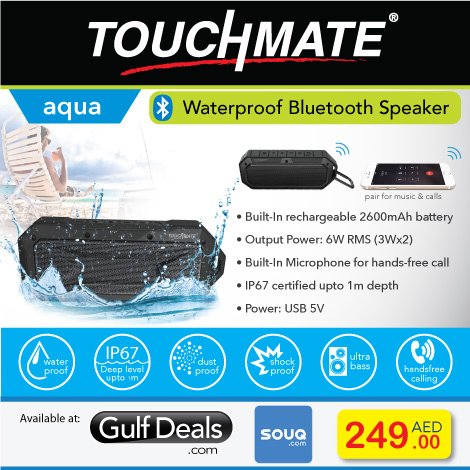 TOUCHMATE Waterproof Bluetooth Speaker. Buy online from Gulf Deals: goo.gl/PF9nUG, Buy online from Souq : goo.gl/rVfhZp