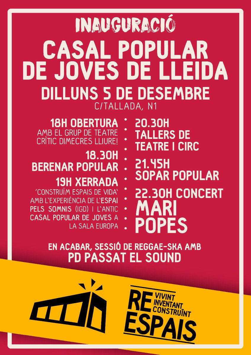 CasalJoveLleida's tweet photo. 🎶📣 Aquesta tarda tornem a obrir portes! Tot apunt per la inauguració! T'ho perdràs? 🎶📣 #ReiventemEspais https://t.co/GXGdGAy8Rh