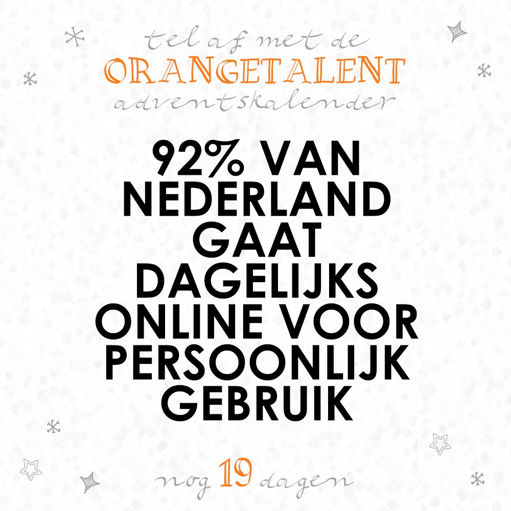 92% van Nederland gaat dagelijks online voor persoonlijk gebruik. 
#onlineadventskalender #nog19dagen #AdventCalendar

Morgen: Online Kopen.