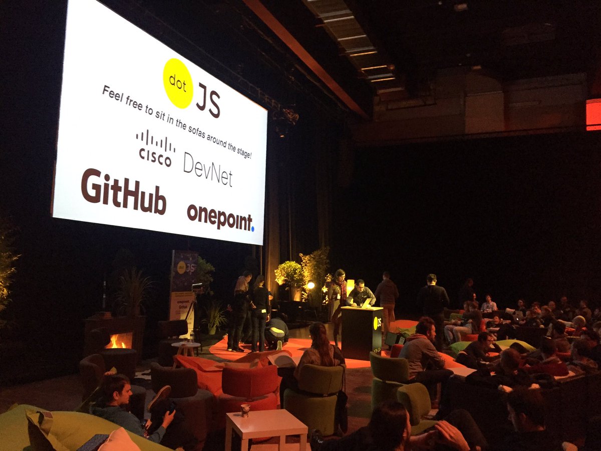 cheerypick's tweet photo. Cool and welcoming idea to let attendees to sit at the sofas on the stage at @dotJS. Let's start! #dotjs #acntech https://t.co/gklP4ZuGIz