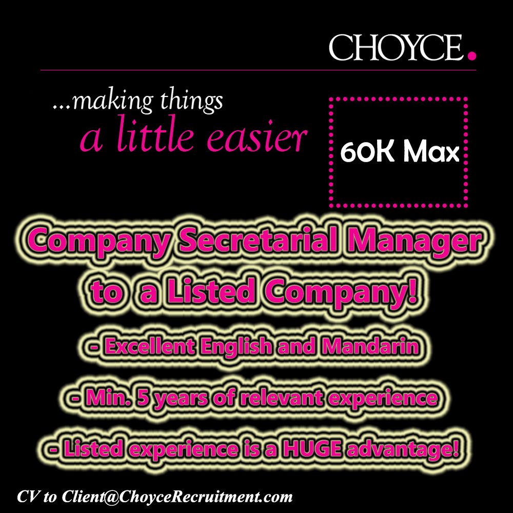CHOYCElimited's tweet photo. Listed Company is looking for a Company Secretarial Manager! (60K) APPLY NOW!
#Choycehk #CompanySecretary #CompSec #CompanySecretarial https://t.co/Df9uTa63x7