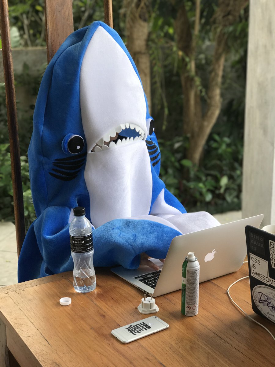 JohnONolan's tweet photo. 6 months ago @digitalocean sent us a shark toy and now the jokes have escalated so far that our CTO is literally coding in a shark suit. https://t.co/6UpQuoPFrW