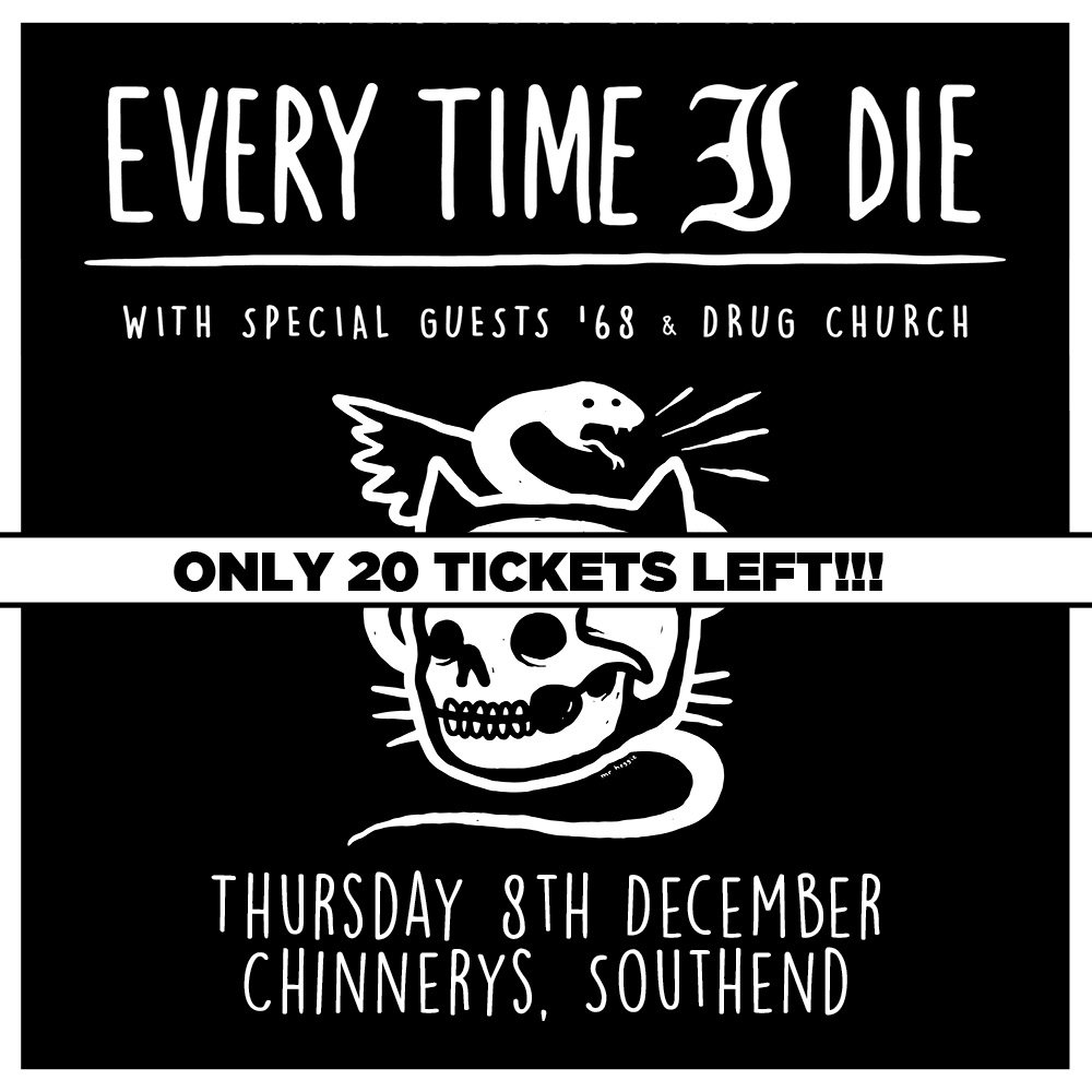 20 TICKETS LEFT!!
<a href="/EveryTimeIDie/">john marston kinnie</a> <a href="/Chinnerys/">Chinnerys</a>
#Southend w/ '68 &amp; <a href="/DrugChurch/">Drug Church</a>!  Tickets 👉 bit.ly/ETIDChinnerys