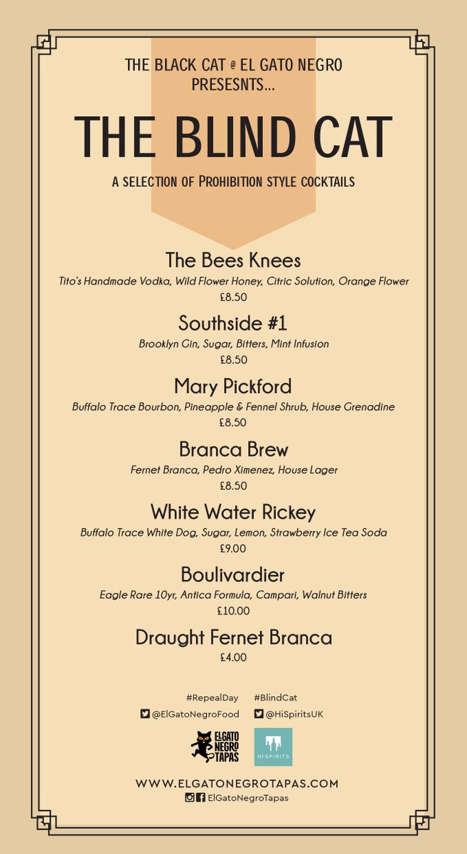 The best way to celebrate the end of prohibition? Cocktails, of course. 😋
Here's the menu for our #RepealDay #BlindCat party tonight... 🍹🍸