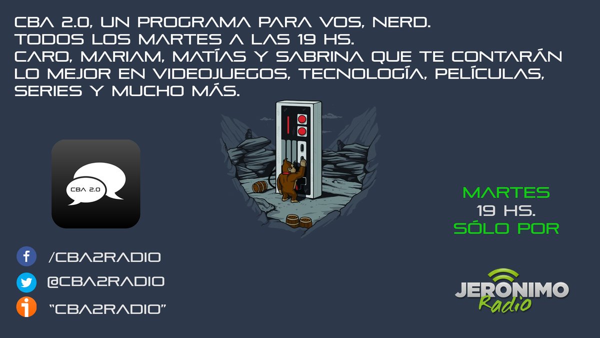 Jerocba's tweet photo. Mañana 19hs. todas las novedades de videojuegos, series, apps y lo último en tecnología con @cba2radio. 🎮 🎬 📱 💻 https://t.co/zKyHJihhCE