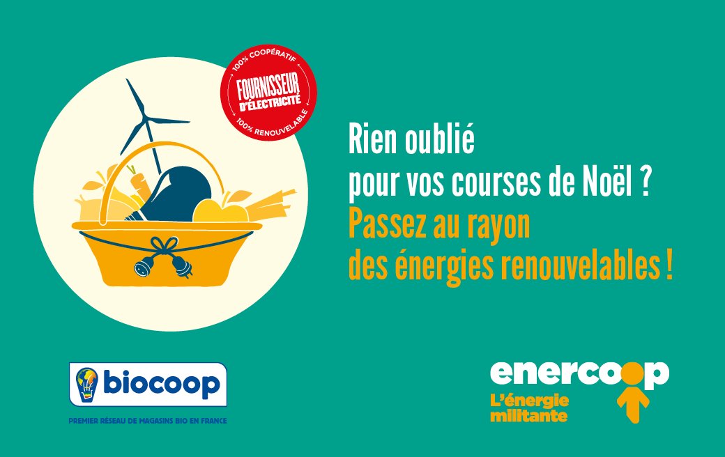 Biocoop's tweet photo. C’est parti ! Du 1er au 17 décembre 2016, c'est la Quinzaine de l’Energie Citoyenne chez Biocoop avec @Enercoop_SCIC ! https://t.co/CqS9wVZasK