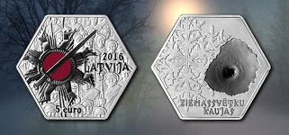 Latgold's tweet photo. 5 euro #silver collector coin (shape regular hexagon). Proof, silver 925,weight 28 g, mintage 5 000 https://t.co/u907Af6VtU https://t.co/UJenjqCBdi