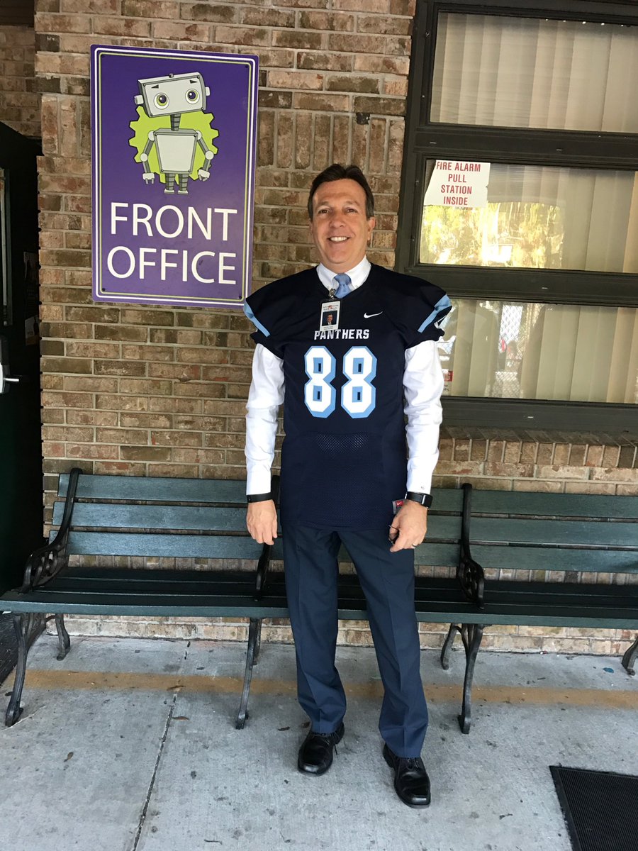 SCPSInfo's tweet photo. Here's @walt_griffin making good on his friendly wager with @SuptJenkins @OCPSnews @PantherZone Good Luck in the finals! #OCPSRivalryLove https://t.co/l3GgfMcl6G