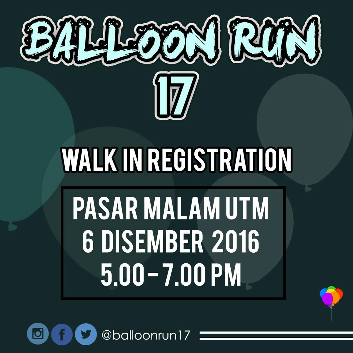balloonrun17's tweet photo. Walk in registration *Balloon Run 17*🎈🎈Tomorrow at *Pasar Malam UTM* 🏃🙌
Come and join us. #balloonrun17 #johorrun #utmrun @PEKA_UTM https://t.co/LbIbLSQOVW