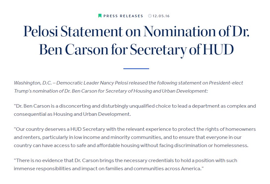 SpeakerPelosi's tweet image. Our country deserves a HUD Secretary with the relevant experience. Dr. Carson is a disturbingly unqualified choice. goo.gl/4kzqVf