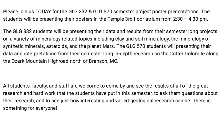 MSUggp's tweet photo. Please join us TODAY for the GLG 332 &amp; GLG 570 semester project poster presentations. The students will be.. https://t.co/Gw3yfyuyM1