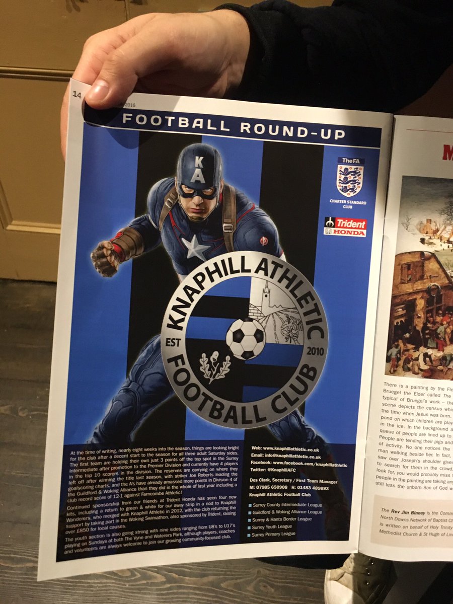KnaphillAFC's tweet image. Full page in this quarters issue of the Knaphill Magazine. Fine artwork as usual by @TBBDesign #kafc #knaphill #woking 🔵⚫️