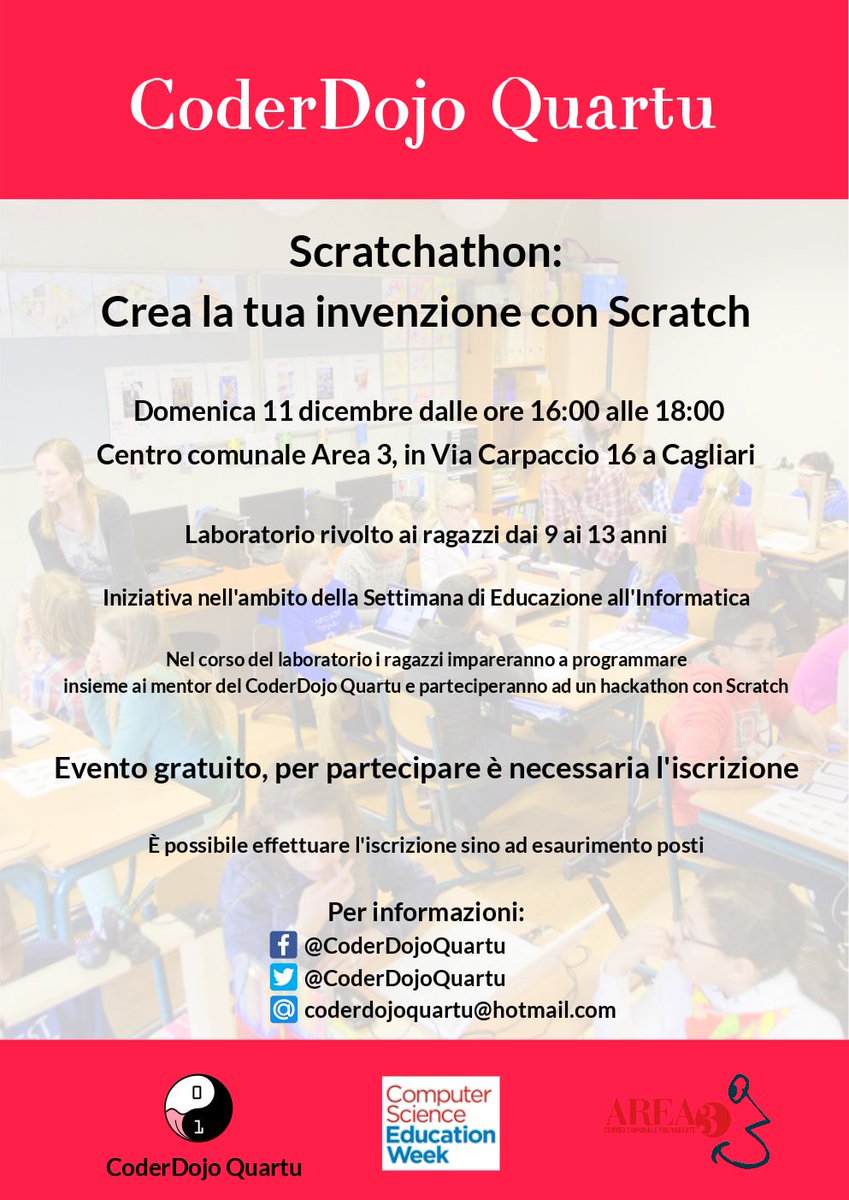 CoderDojoQuartu's tweet photo. Il @CoderDojoQuartu partecipa alla #CSEdWeek con 4 iniziative. :)
Una di queste è lo #Scratchathon: https://t.co/TBJaxU1eLc #coding https://t.co/LlfdPdjAXs